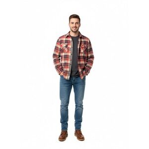 Back Packer Plaid Quilted Lined Flannel Shacket Men's M Red Gray Cotton‎ 90s–Y2K